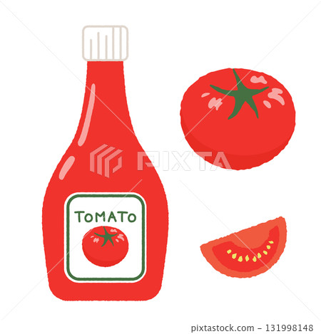 Illustration of tomato ketchup, tomatoes, and wedges of tomatoes Illustration of tomato ketchup, tomatoes, and wedges of tomatoes 131998148