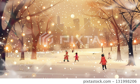 Winter scene of people playing in a snowy park Winter scene of people playing in a snowy park 131998206
