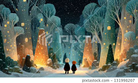 Two people walking through a snowy forest and a warm light Two people walking through a snowy forest and a warm light 131998207