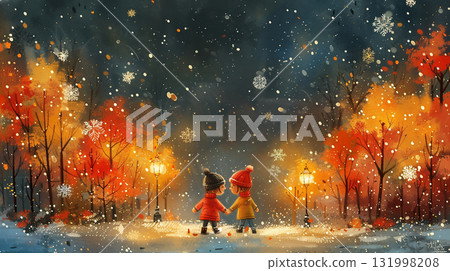 Two children holding hands on a snowy night Two children holding hands on a snowy night 131998208