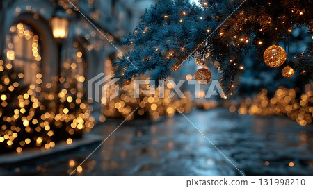 冬季街道裝飾著閃閃發光的金色燈光 冬季街道裝飾著閃閃發光的金色燈光 131998210