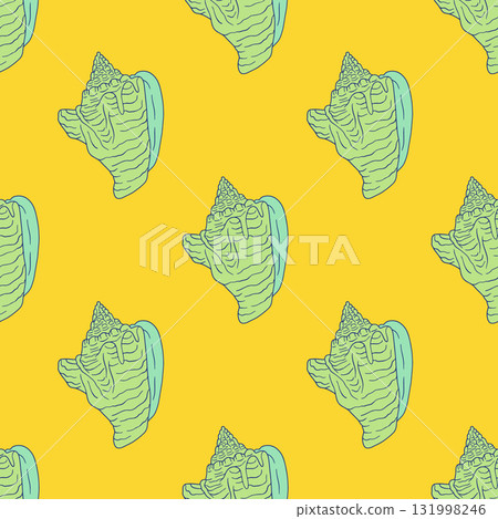 Pastel conch shells coastal seamless pattern on yellow background. Hand drawn mollusk repeat wallpaper Pastel conch shells coastal seamless pattern on yellow background. Hand drawn mollusk repeat wallpaper 131998246