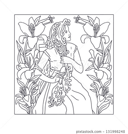 Art nouveau style woman brushing very long hair and lily flower frame adult coloring book page vector illustration 131998248