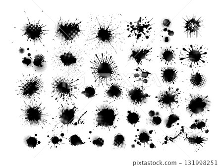 Set of blots. Black spots of paint on a white background. Grunge frame of paint. Hand drawn. Not AI, vector illustration. 131998251