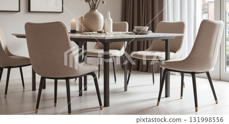 A modern dining chair leg system finished in mocha mousse with polished gold caps. The chair is upholstered in neutral 131998556