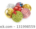 Cluster of Christmas Ornaments Featuring Glitter Stripes Sequins and Bows in Red Green Gold Silver and Blue on White Background for Festive Decoration Theme 131998559