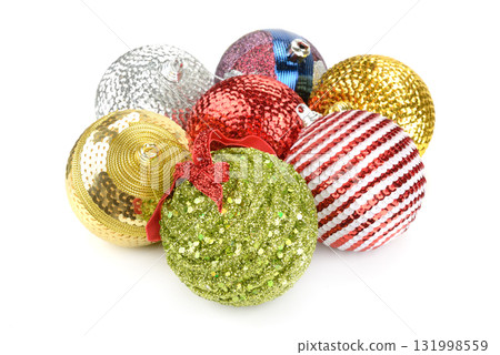 Cluster of Christmas Ornaments Featuring Glitter Stripes Sequins and Bows in Red Green Gold Silver and Blue on White Background for Festive Decoration Theme 131998559