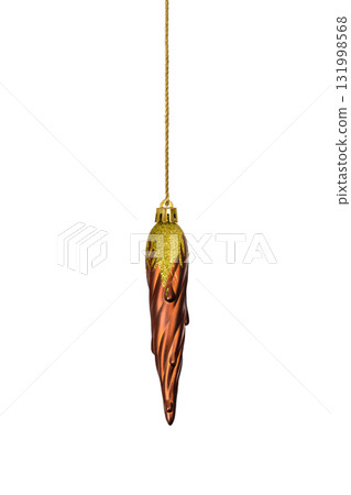 A Christmas decorative tree ornament in the shape of a golden brown icicle on a string, isolated on a white background with clipping path. Design element for Christmas card A Christmas decorative tree ornament in the shape of a golden brown icicle on a string, isolated on a white background with clipping path. Design element for Christmas card 131998568