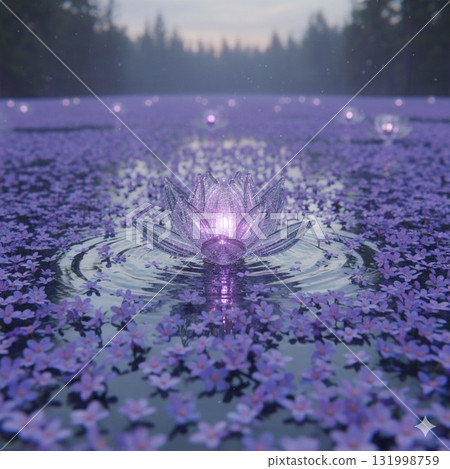 Fantastic glass flowers floating on the lake 131998759
