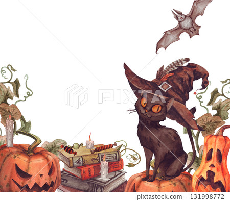 Halloween banner- orange pumpkin, black cat, witch hat, ghost, lollipops, leaves, candle, bat, book. vintage watercolor illustration on a white background. drawing for a postcard, website, invitation Halloween banner- orange pumpkin, black cat, witch hat, ghost, lollipops, leaves, candle, bat, book. vintage watercolor illustration on a white background. drawing for a postcard, website, invitation 131998772