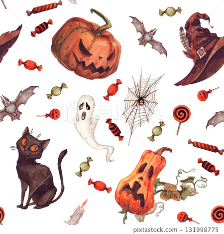 Halloween pattern - pumpkin, black cat, witch hat, ghost, candy, leaves, candle, bat. festive watercolor illustration on a white background. seamless texture for printing on fabric, paper, packaging 131998775