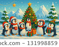 Cute penguins celebrating Christmas in snowy Antarctica with gifts, a decorated tree, and holiday cheer. 131998859