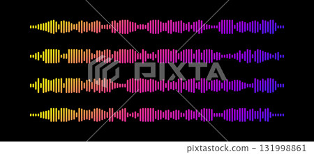 Colorful podcast sound wave set with gradient from yellow, pink to purple on black background. Audio visualization bars in different rhythmic patterns for music, radio and voice recording interfaces. 131998861
