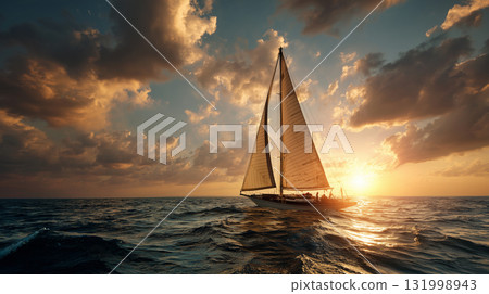 Yacht, sailbot sailing under sails on full ocean 131998943