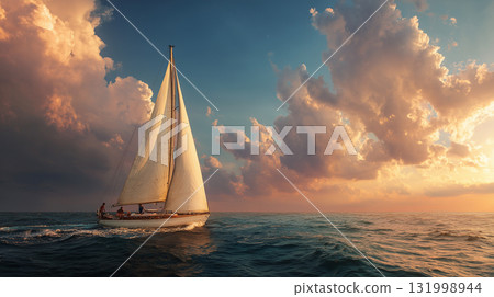 Yacht, sailbot sailing under sails on full ocean 131998944