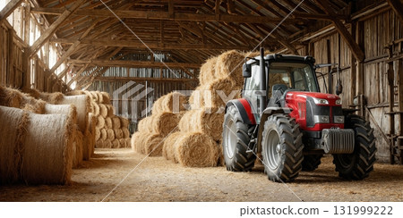 New tractor in rustic barn with hay bales and wooden beams on a sunny day in countryside farm setting 131999222
