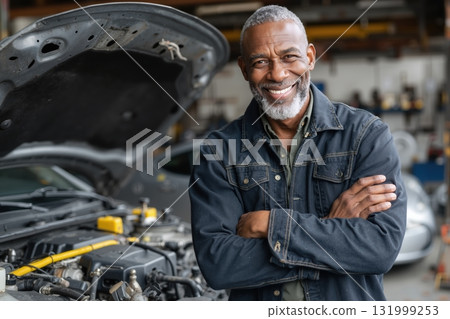 Mature african man smiling in car repair shop with open hood and tools around in an automotive service garage 131999253
