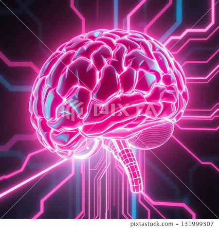 Futuristic digital brain glowing in neon pink, symbolizing artificial intelligence Futuristic digital brain glowing in neon pink, symbolizing artificial intelligence 131999307
