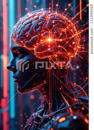 Futuristic AI human brain interface 131999308