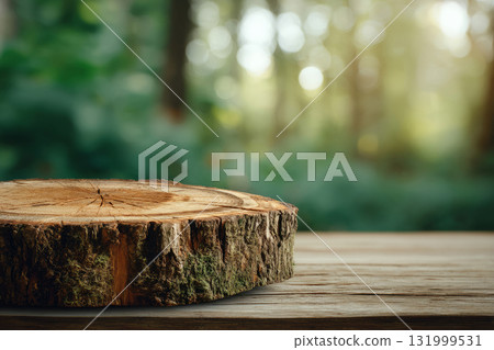 Round tree stump on a wooden surface and blurred forest background Round tree stump on a wooden surface and blurred forest background 131999531
