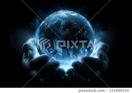 Human hands holding a glowing digital planet with blue light Human hands holding a glowing digital planet with blue light 131999550