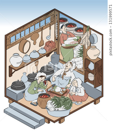 Kimjang Korean Cultural Event Kimchi Making Vector Illustration	 131999571