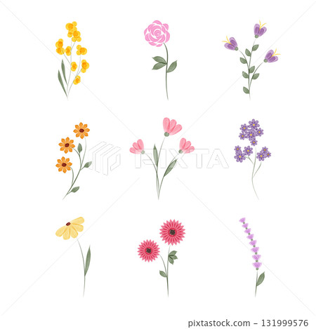 Nine different types of flowers are displayed, each illustrated in a watercolor style. The floral set features soft pastel colors and delicate details against a clean white backdrop. Nine different types of flowers are displayed, each illustrated in a watercolor style. The floral set features soft pastel colors and delicate details against a clean white backdrop. 131999576