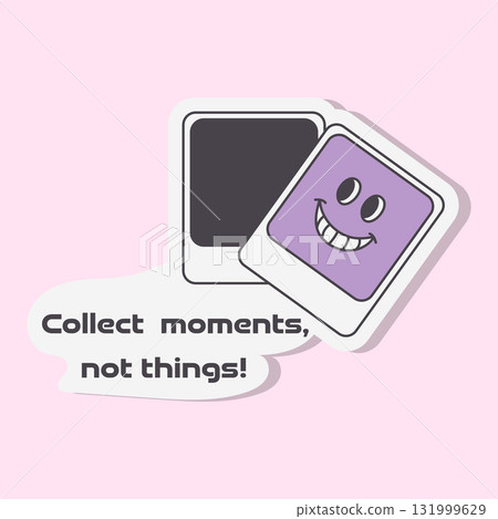 Cartoon style travel stickers with a black photo and a purple smiling face sticker. Message reads Collect moments, not things on a light pink background. 131999629