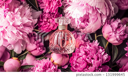 Perfume bottle with beautiful flowers. Beauty concept. Flat lay, top view Perfume bottle with beautiful flowers. Beauty concept. Flat lay, top view 131999645