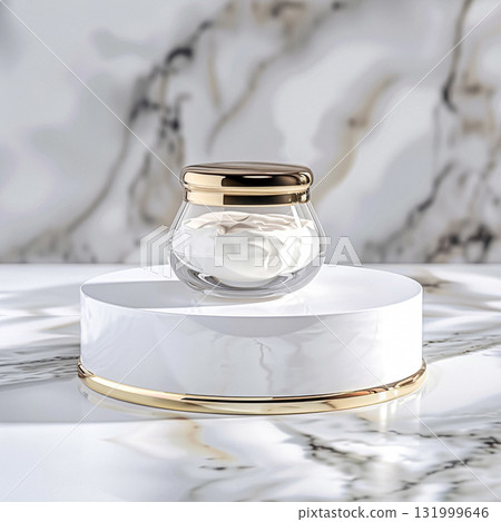 Face cream in a glass jar on white and gold background. Skin care concept. Backdrop for beauty cosmetic products 131999646