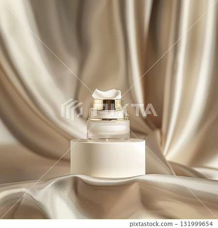 Face cream in a glass jar on white and gold background. Skin care concept. Backdrop for beauty cosmetic products 131999654