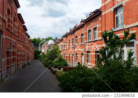 Edible street Rue des Artisans with mini public gardens in the heart of renovated social housing neighborhood in Brussels, Belgium 131999658