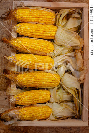 Golden Maize Cobs Packed in Rustic Wooden Box 131999913