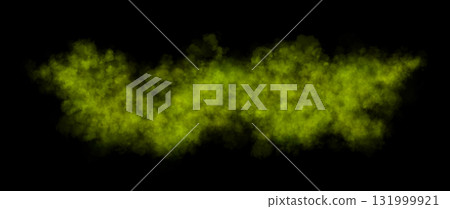 Lime green smoke cloud on transparent background, realistic chartreuse fog or dust texture in horizontal shape for visual compositions 131999921