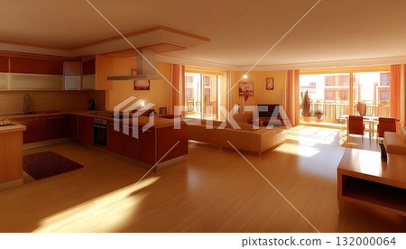 Sunlit modern apartment interior design open plan kitchen and living room Sunlit modern apartment interior design open plan kitchen and living room 132000064