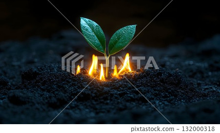 Plant sprout emerging from fire and soil growth renewal and environmental concept 132000318