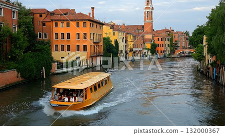 Water taxi on city canal colorful buildings summer day 132000367