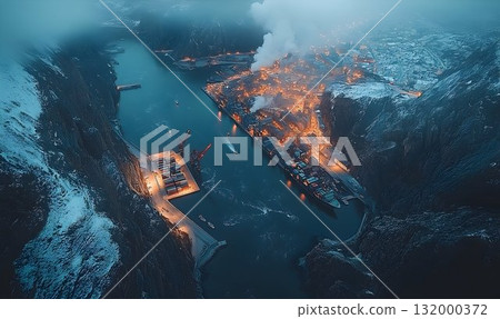 Aerial night view of industrial harbor illuminated structures snowy landscape Aerial night view of industrial harbor illuminated structures snowy landscape 132000372