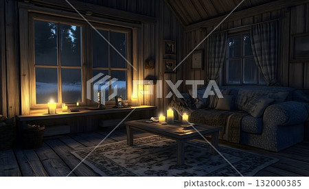 Cozy cabin interior at night candlelit rustic room setting 132000385