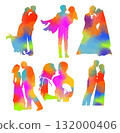 Happy colored Valentine's Day. Happy Wedding Day silhouettes. Hand drawn. Not AI, vector illustration. 132000406