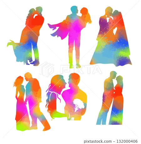 Happy colored Valentine's Day. Happy Wedding Day silhouettes. Hand drawn. Not AI, vector illustration. Happy colored Valentine's Day. Happy Wedding Day silhouettes. Hand drawn. Not AI, vector illustration. 132000406