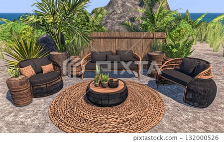Relaxing outdoor patio furniture set wicker and dark cushions tropical plants sandy setting 132000526