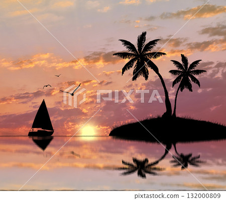 Silhouette of a tropical island with palm trees and a sailboat Silhouette of a tropical island with palm trees and a sailboat 132000809