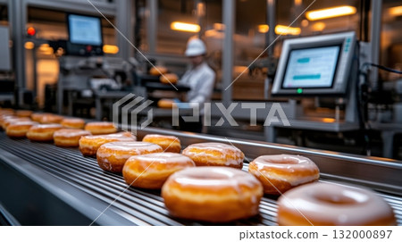 Delicious donuts with icing moving on automated line in industrial bakery plant Delicious donuts with icing moving on automated line in industrial bakery plant 132000897