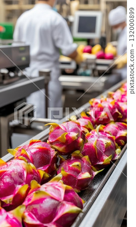 Pitaya fruits being sorted on industrial conveyor in modern food processing plant Pitaya fruits being sorted on industrial conveyor in modern food processing plant 132000899