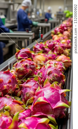 Fresh dragon fruits moving on conveyor belt in modern tropical fruit processing factory Fresh dragon fruits moving on conveyor belt in modern tropical fruit processing factory 132000902