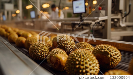Tropical durians being sorted on industrial conveyor in modern food plant Tropical durians being sorted on industrial conveyor in modern food plant 132000904