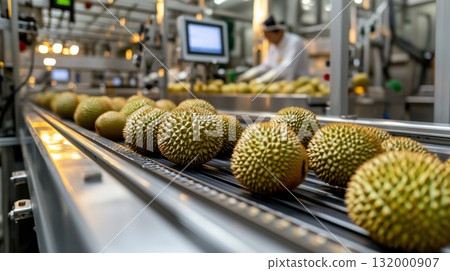 Fresh durians moving on conveyor belt in modern tropical fruit processing factory Fresh durians moving on conveyor belt in modern tropical fruit processing factory 132000907