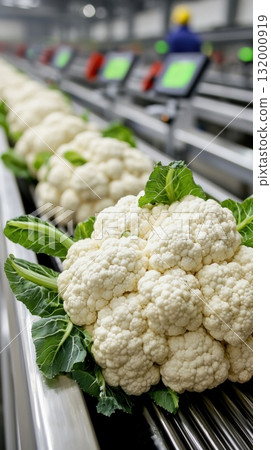Cauliflower heads on industrial production line in food processing plant 132000919