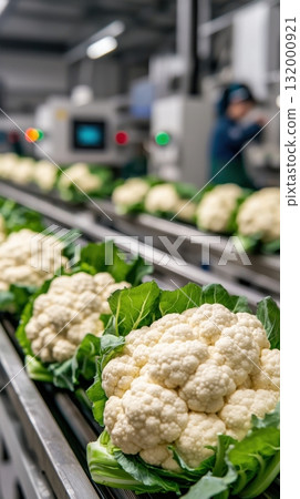 Fresh cauliflower on conveyor belt in modern vegetable processing factory 132000921